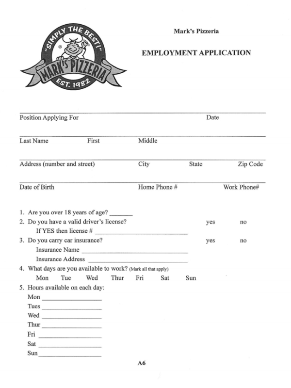 Easy Application With Mark s Pizzeria Job Application Form