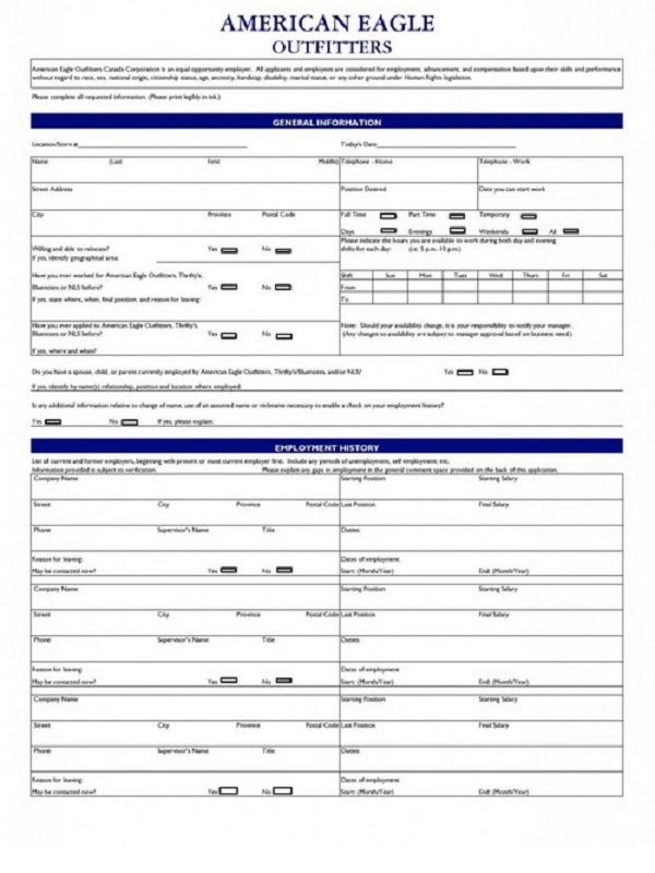 American Eagle Job Application Form