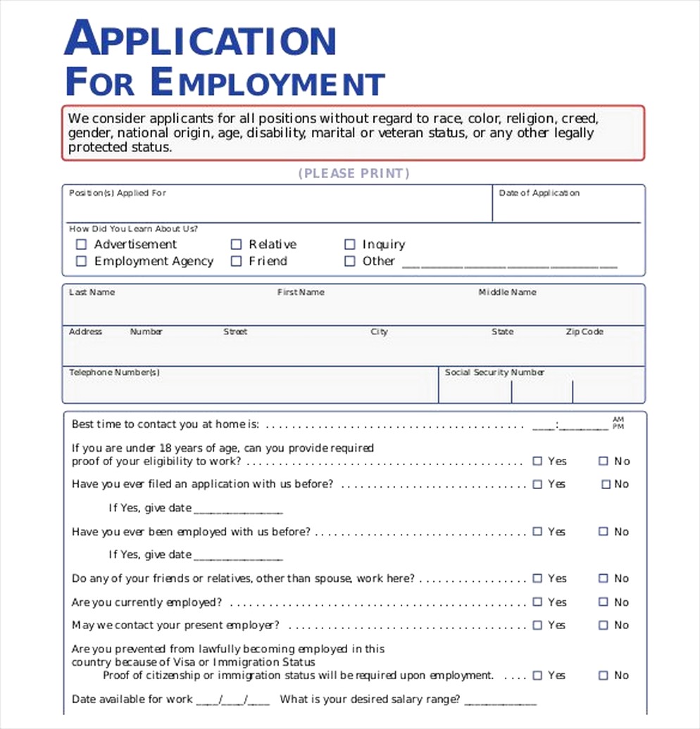 Applications For Employment Printable 5701