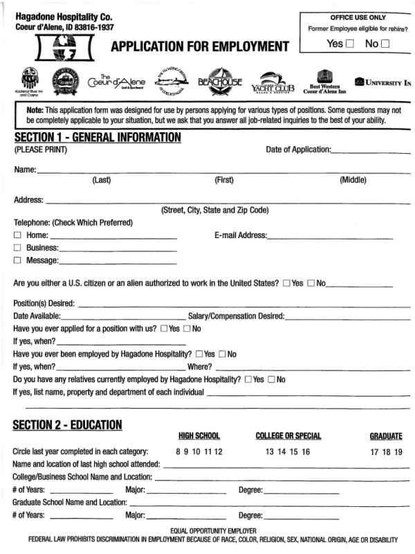 Coeur D’alene Resort Job Application Form