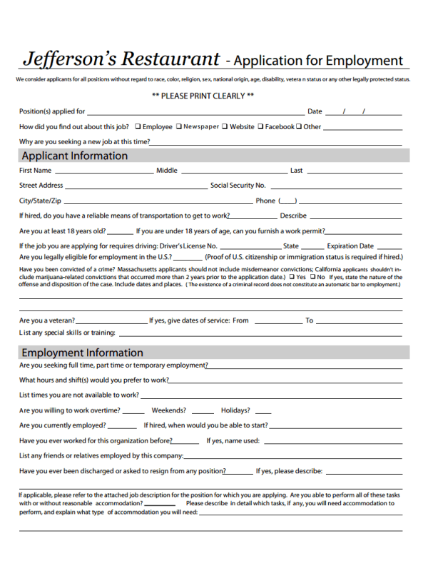 Tips to Find Jefferson’s Restaurant Job Application Form