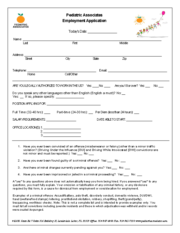 Pediatric Associates Job Application Form