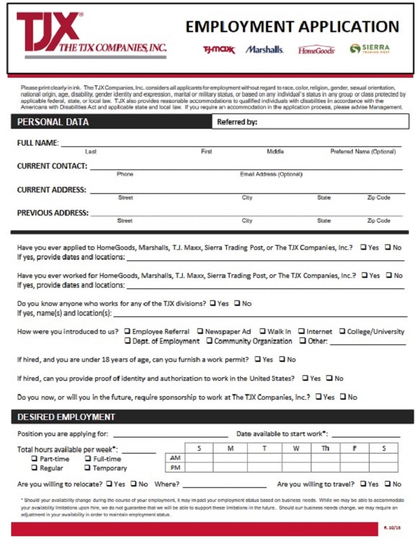 Marshalls Job Application Form